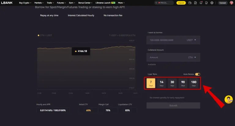انتخاب مدت وام (Loan Term) در فرم Crypto Loans